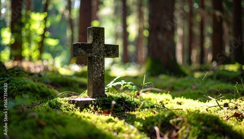 Stone cross with forest cemetery, and sunlight.
