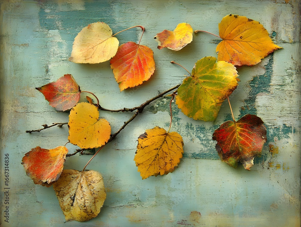 Fototapeta premium Autumn Leaves on Rustic Wooden Background Still Life Photography