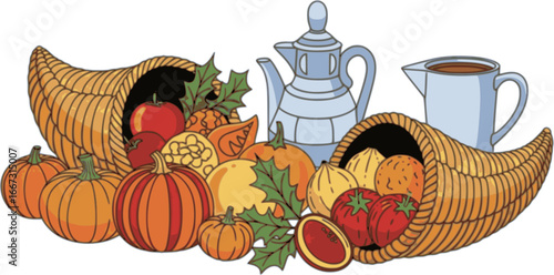 Autumn cornucopia (horn of plenty) with fruits and vegetables. Halloween 