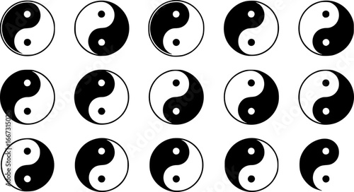 Vector set of black and white yin and yang symbols isolated on a white background.
