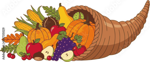 Autumn cornucopia (horn of plenty) with fruits and vegetables. Halloween 