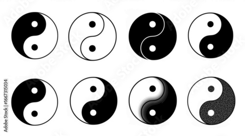 Vector set of black and white yin and yang symbols isolated on a white background.
