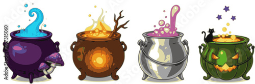 Set of witches cauldrons with colorful potions isolated on a white background. Vector illustrations

