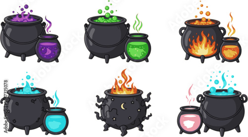 Set of witches cauldrons with colorful potions isolated on a white background. Vector illustrations
