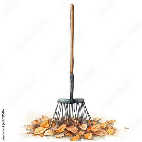 watercolor vector of Rake With Leaves, isolated on a white background.