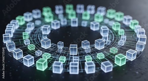 Circular arrangement of abstract glowing data cubes in layers