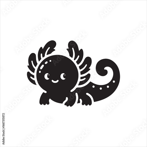 Stylized Black Silhouette of a Smiling Axolotl with Spotted Tail.
