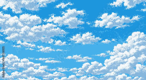 Pixelated Delight: A Retro Sky with Fluffy Clouds and Sunny Blue Hues