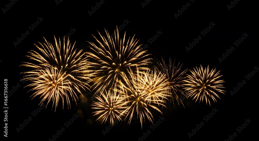 Fototapeta premium Golden fireworks exploding in the night sky. The fireworks create a stunning display of light and color against the dark background.