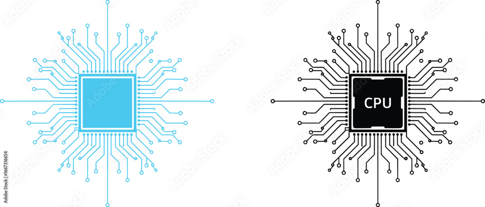 Fototapeta premium CPU and microchip icon, integrated circuit illustration, tech hardware graphic, processor connectivity design, digital electronics symbol, computing component art