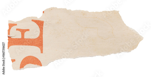 Scrap of yellowed vintage book page, old beige torn paper with inscription isolated for scrapbooking