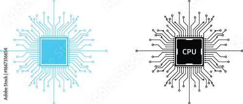 CPU and microchip icon, integrated circuit illustration, tech hardware graphic, processor connectivity design, digital electronics symbol, computing component art