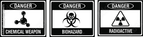 Danger warning sign set, chemical weapon icon, biohazard symbol, radioactive label design, safety signage template, hazard alert graphic