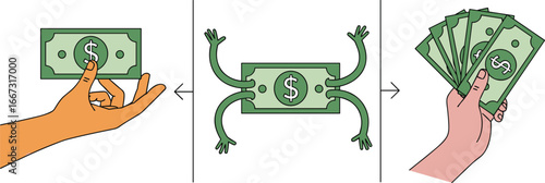 Money growth concept, animated dollar bill, financial multiplication graphic, investment return illustration, fast cash increase, creative finance icon