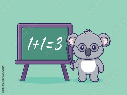 Teacher Koala Bear with Glasses Teaching Math Adorable Cartoon Mascot Character with a Pointer and Chalkboard in a Classroom
