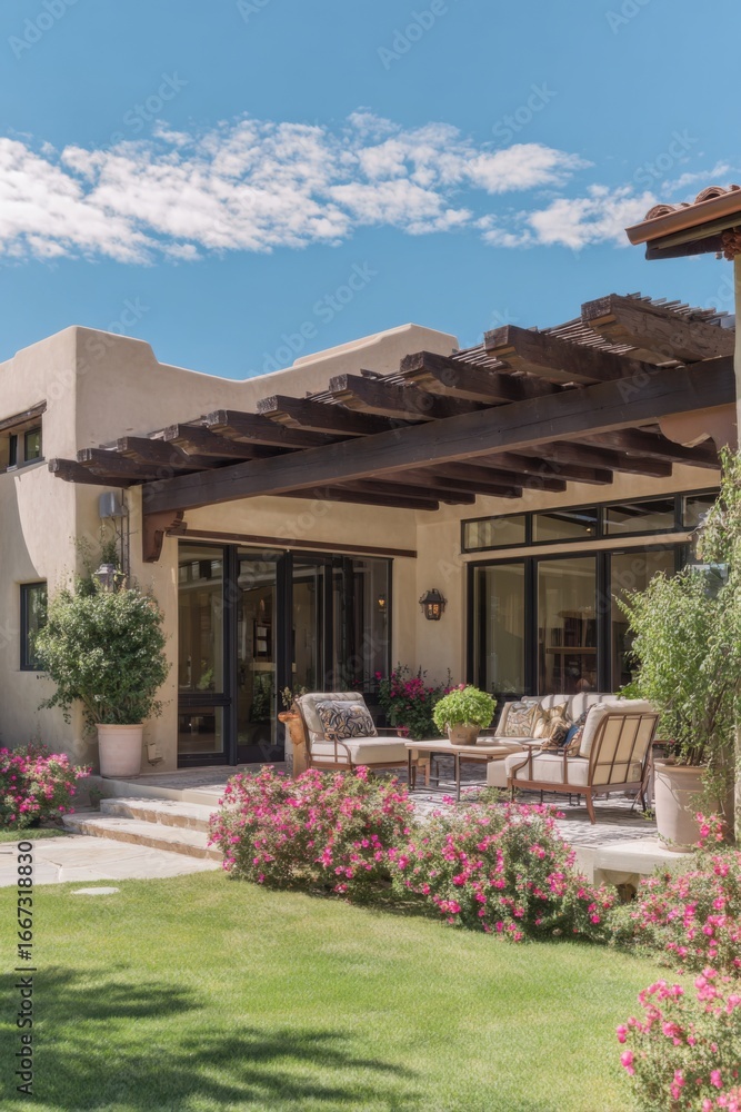 Fototapeta premium Charming desert home with outdoor lounge area surrounded by blooming flowers in warm sunlight showcasing southwestern architecture