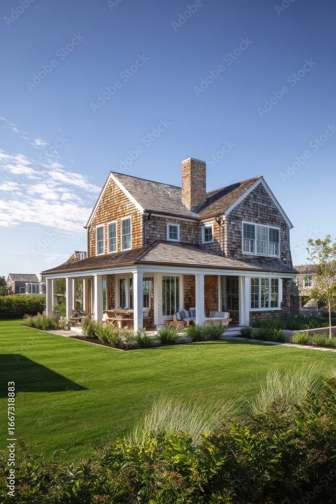 Obraz premium This picturesque coastal house features an expansive porch that invites relaxation, surrounded by a beautifully manicured lawn.