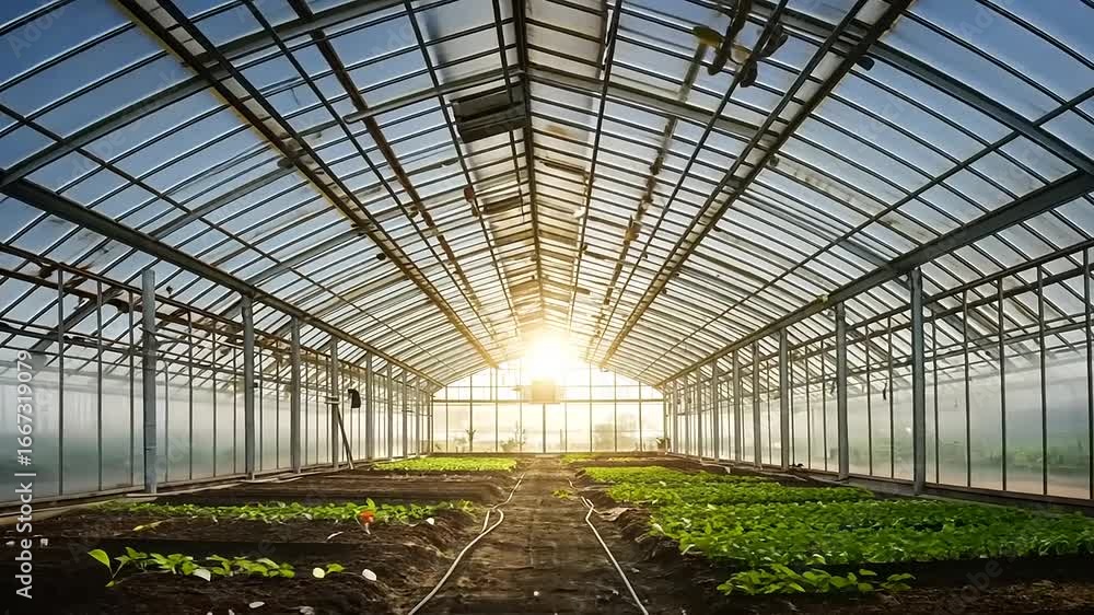 Sunlight streaming through a greenhouse filled with plants Sunlight streaming through a greenhouse filled with plants