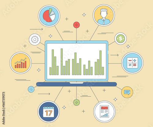 Vector illustration of business data analysis and financial reports on a laptop screen.