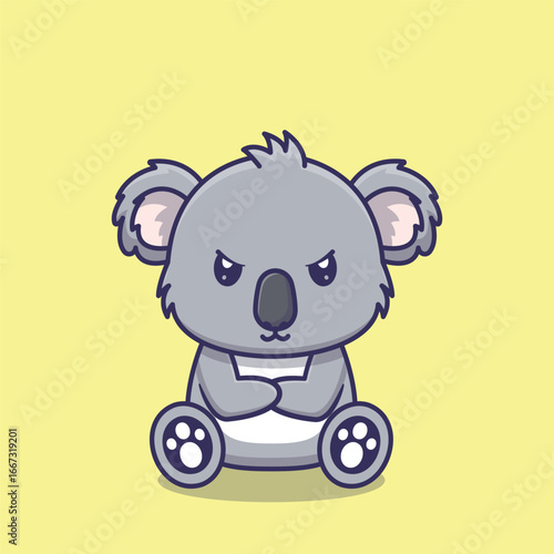 Angry Koala Bear Cartoon Mascot Sitting with Arms Crossed and Grumpy Expression Mad and Upset Character Illustration