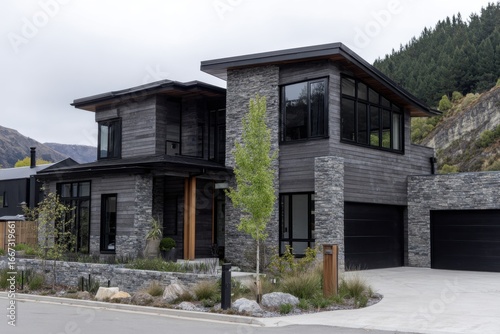 Wallpaper Mural Modern stone house with sleek design and large windows situated in a peaceful neighborhood surrounded by mountains and greenery during a cloudy day Torontodigital.ca