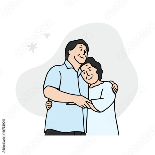 an old couple hugging each other affectionately