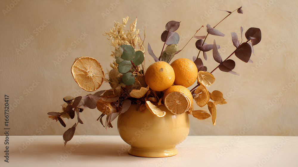 Naklejka premium Dried Orange and Eucalyptus Arrangement in a Yellow Pot