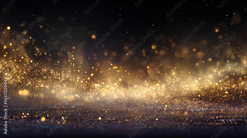 Fototapeta premium dust particles with glowing flare, sparkle shimmer and glitter dust cloud on white background, abstract golden light effect with bokeh rays and festive dust texture for design.