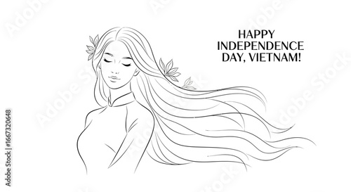 Elegant Woman in Ao Dai Celebrating Vietnam Independence Day with Floral Accents and Flowing Hair