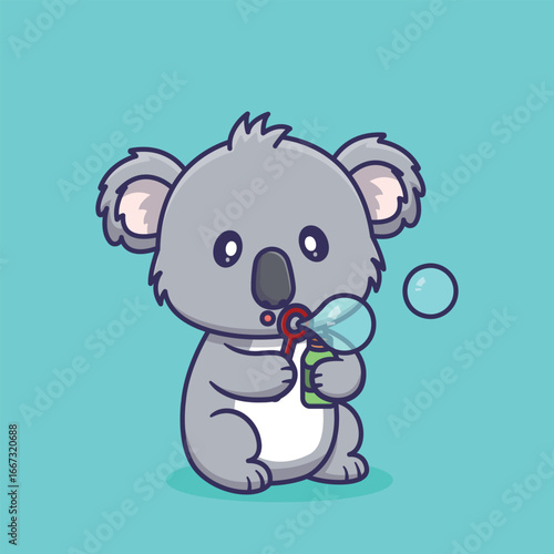 Wall Mural Cute Koala Bear Blowing Bubbles Adorable Cartoon Mascot Character Playing with a