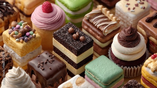 Assortment of delightful gourmet miniature cakes, a sweet indulgence of flavors