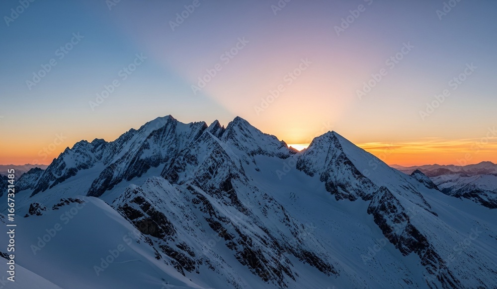 Fototapeta premium Schneebedeckte Berggipfel bei Sonnenaufgang
