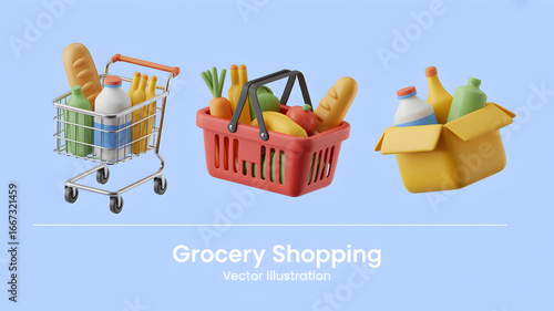 Grocery Shopping Icons with Cart Basket and Box supermarket