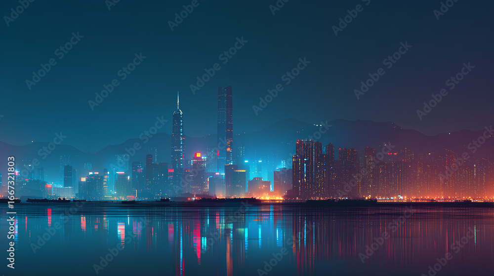 Fototapeta premium Glowing City Skyline at Night: Futuristic Urban Landscape