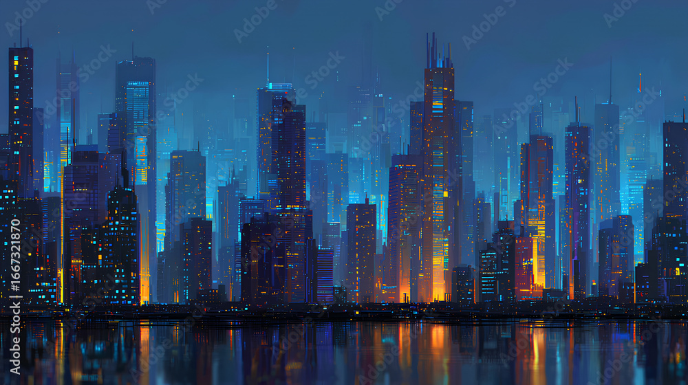Fototapeta premium Glowing City Skyline at Night: Futuristic Urban Landscape