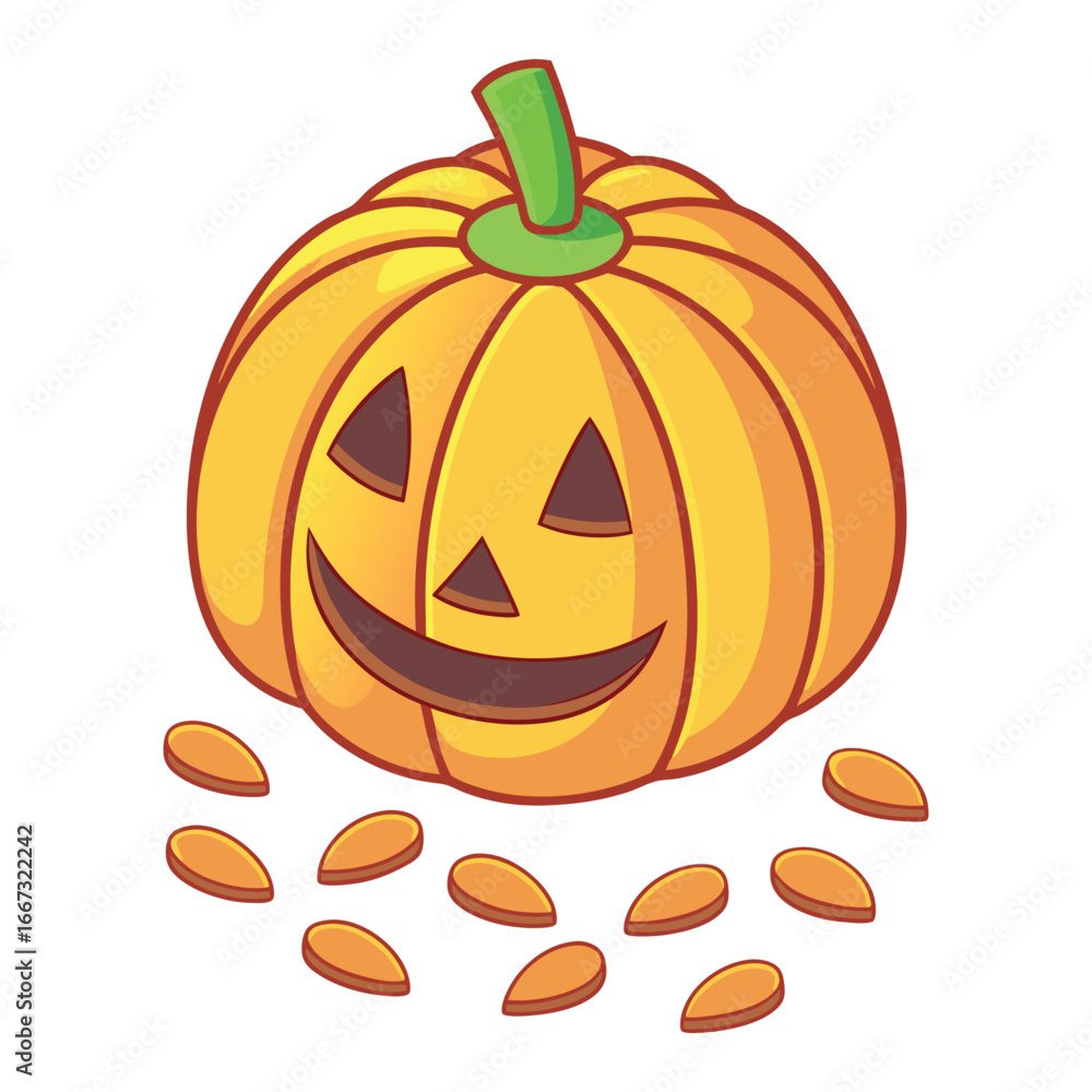 Fototapeta premium A happy jack-o'-lantern pumpkin with scattered seeds on a white background