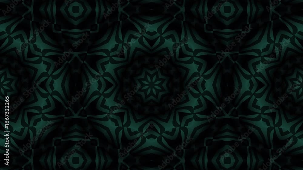 Dark green and black kaleidoscopic abstract pattern suitable for backgrounds, digital art projects, web design, and print materials.