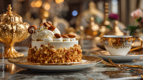 Wallpaper Mural Golden Cake with White Cream and Almonds on a Luxurious Table Torontodigital.ca