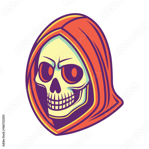 Cartoon Grim Reaper Skull with Orange Hood and Purple Accents