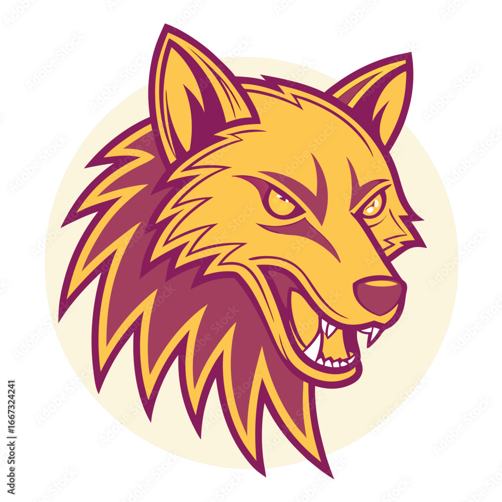 Obraz premium Fierce Yellow and Purple Wolf Head Logo with Sharp Teeth