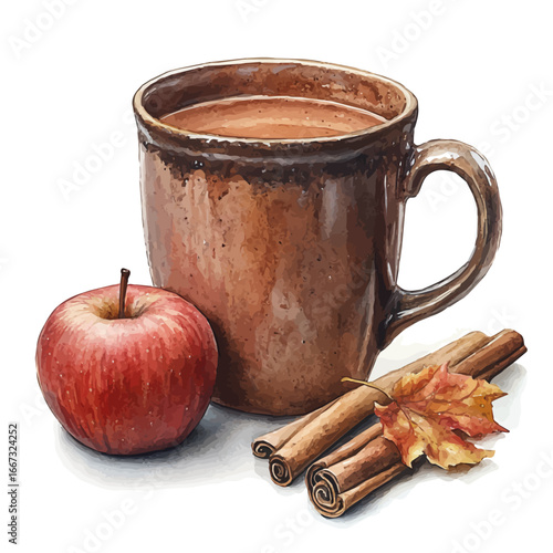 Mug Of Apple Cider, watercolor drawing vector, isolated on a white background.