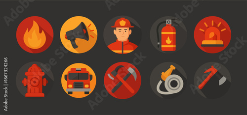 Flat Firefighter Icons Set – Fire Safety, Fireman, Extinguisher, Alarm, Fire Truck