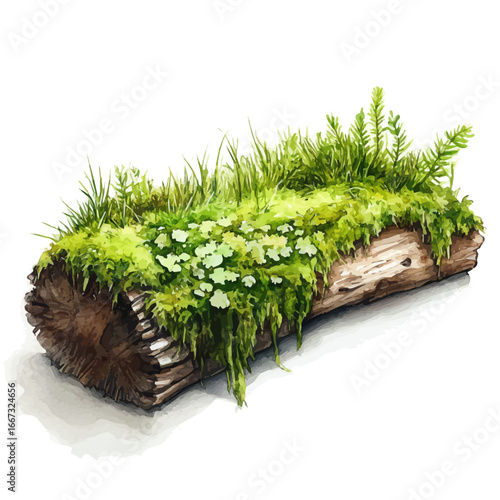 Mossy Forest Log, watercolor painting vector, isolated on a white background.
