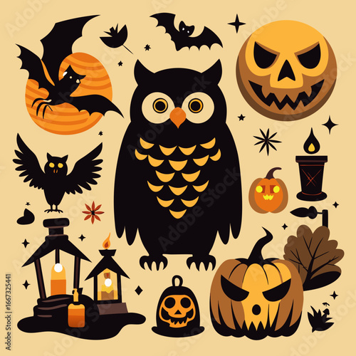 Creepy halloween vector clipart featuring owls jack-o'-lanterns and bats vector