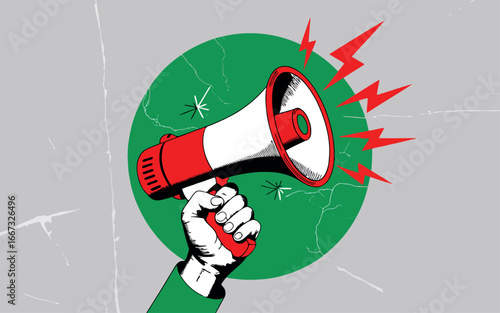 A hand emerges from the left, firmly gripping a red and white megaphone with a black handle, emitting bold red lightning bolts