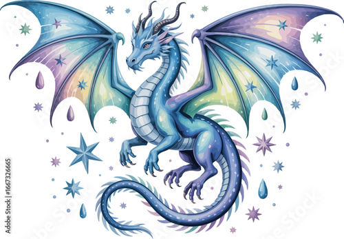 A magnificent blue dragon with iridescent wings stands gracefully, surrounded by sparkling stars and teardrop shapes.
