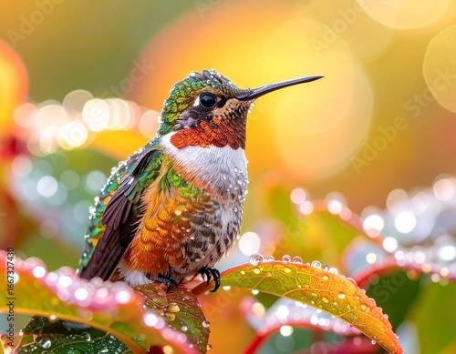 Seekor burung kolibri mandi di dedaunan yang tertutup embun, tetesan air yang berkilauan, latar belakang alam yang semarak,