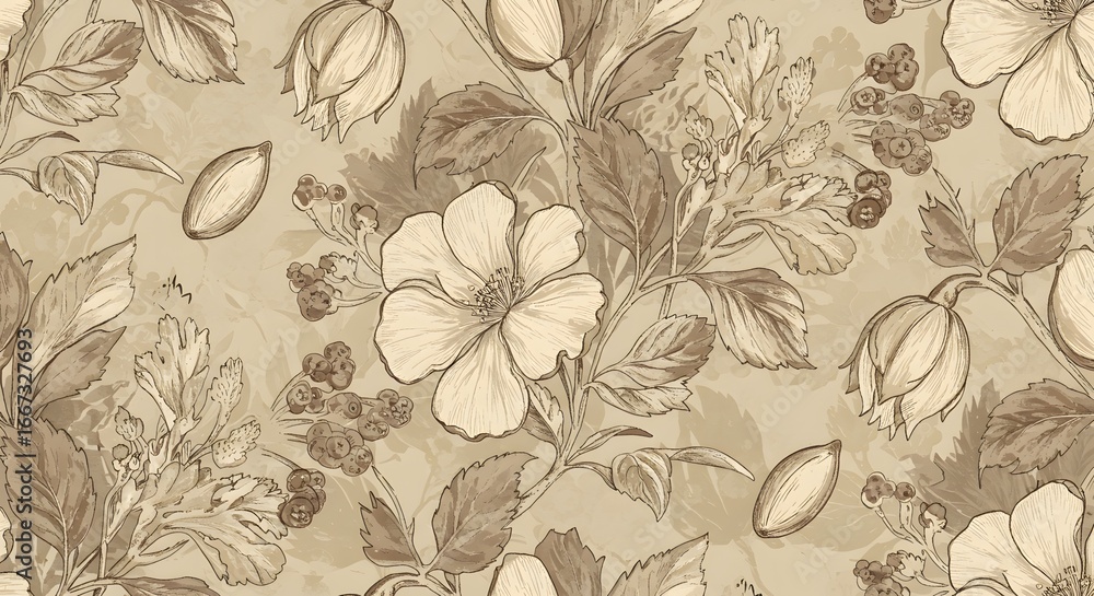 custom made wallpaper toronto digitalVintage Floral Elegance: A seamless pattern of delicately drawn flowers and foliage in soft sepia tones. This timeless design exudes vintage charm and artistic sophistication.