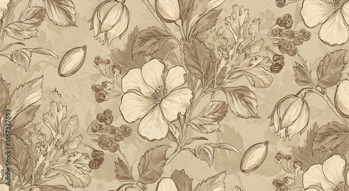 Wallpaper Mural Vintage Floral Elegance: A seamless pattern of delicately drawn flowers and foliage in soft sepia tones. This timeless design exudes vintage charm and artistic sophistication.  Torontodigital.ca