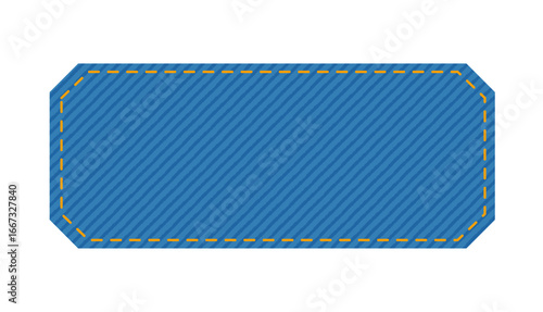 Patch denim Chamfered rectangle shape with stitches seam jeans fashion illustration. Flat apparel blue color template isolated on white background